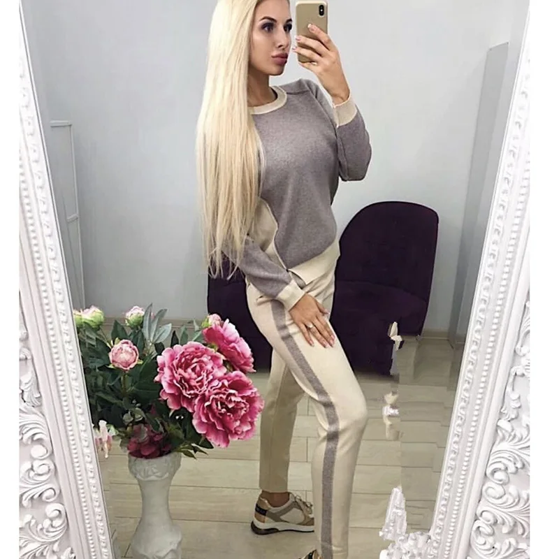 

Women kintted sets 2019 New warm knitted patchwork pullovers and long pants for autumn winter Soft warm sweater customs sets