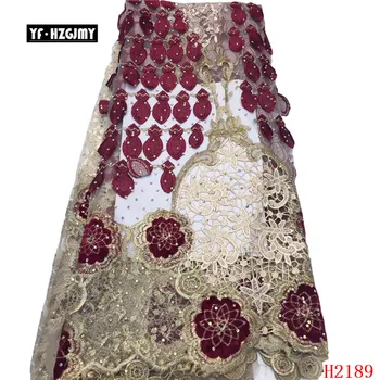 

YF HZGJMY African Lace Fabric Wine/Gold Nigeria Embroidered High Quality Net Lace with Stones French Guipure Net Lace A2189