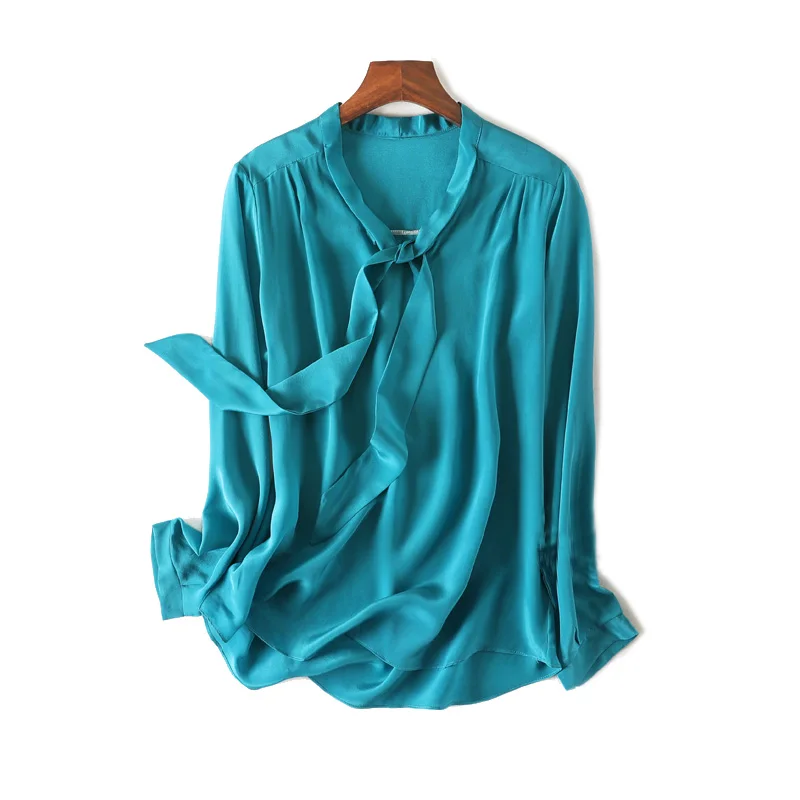 Женская офисная блуза, натуральный шелк, креп, длинный рукав, одноцветная, бант, воротник, блузка, рубашка, Офисная Леди,, осенняя рубашка - Цвет: Peacock Blue