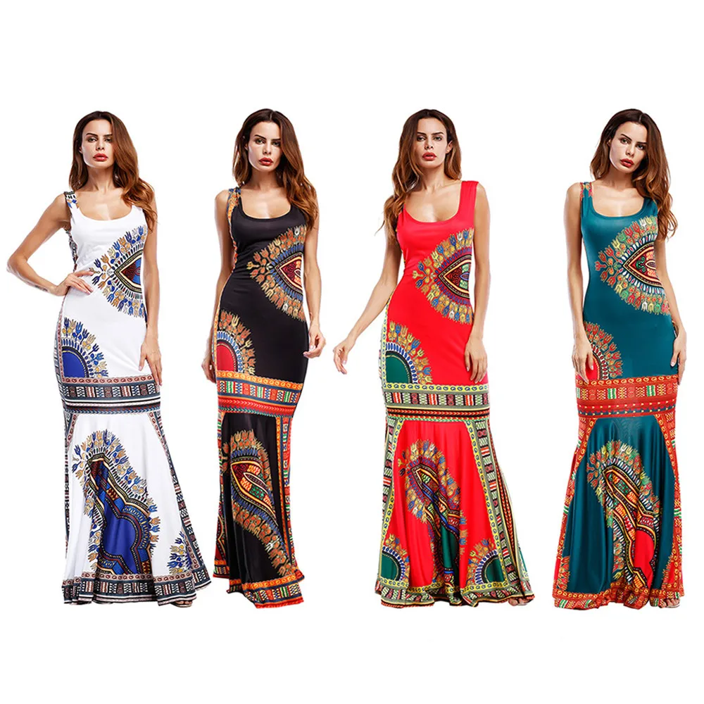 Summer Folk African Dress 2017 Print Pencil Bodycon Long Maxi Work Dresses Women Mermaid Sleeveless O Neck Casual Party Dress (1)