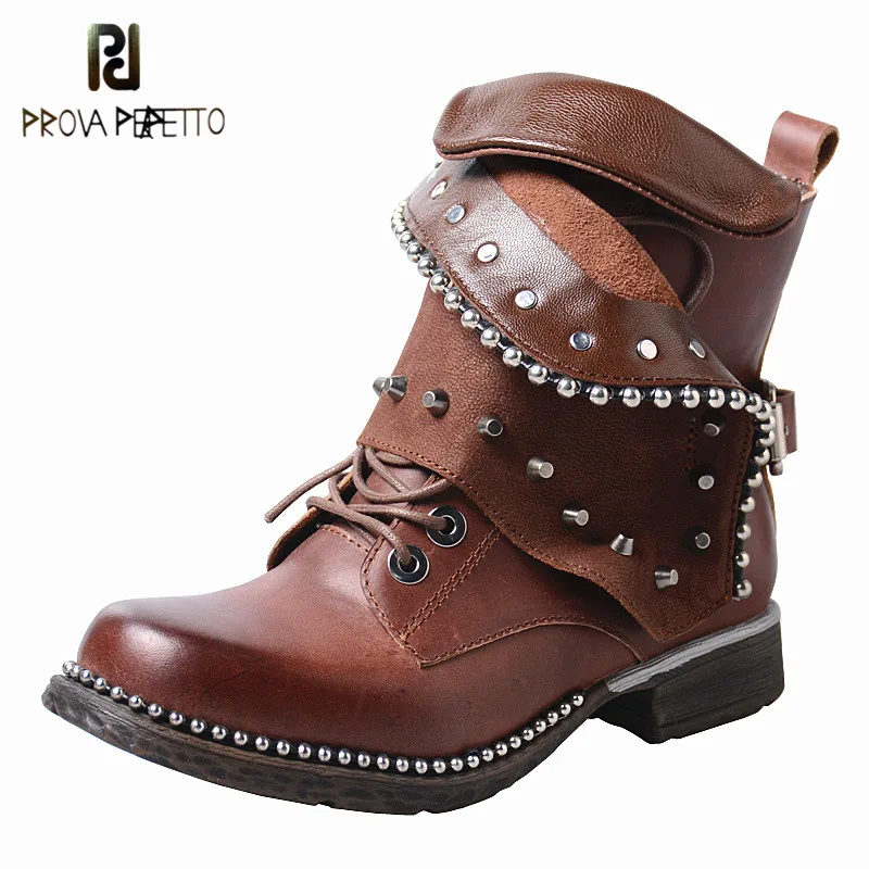

Prova Perfetto Handmade Women Ankle Boots Rivets Studded Martin Boots Genuine Leather Short Booties Platform Rubber Shoes