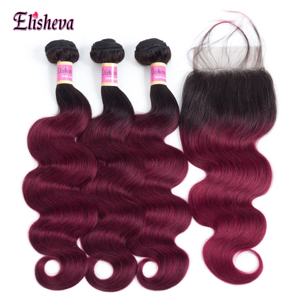 Elisheva Peruvian Human Hair Body Wave Ombre Bundles With Closure 1b/Burgundy 3 lace Nonremy | Шиньоны и парики