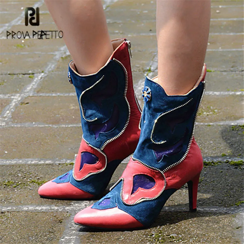

Prova Perfetto Patchwork Women Mid-calf Boots Pointed Toe Zipper Decor Autumn Rubber Boot High Heels Botas Mujer Women Pumps