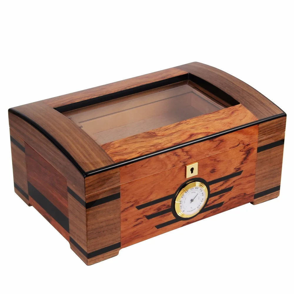CIGARISM High end Cedar Wood Glass Cigar Humidor W/Lock Hygrometer