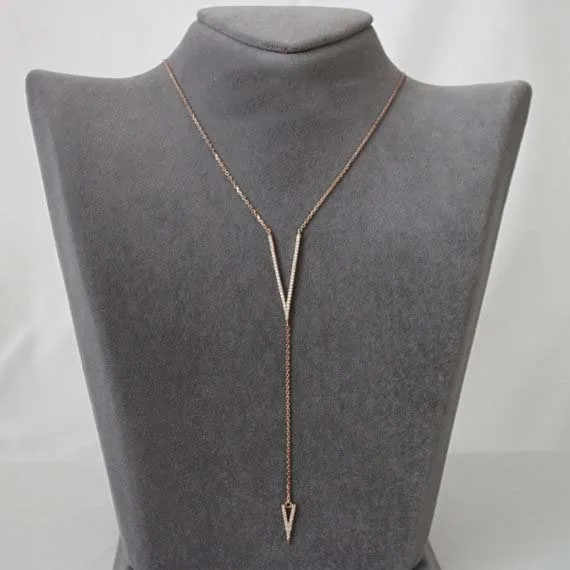 

rose gold color long chain letter V micro pave clear cz V charm sexy ladies gift summer OL lady lariat necklace