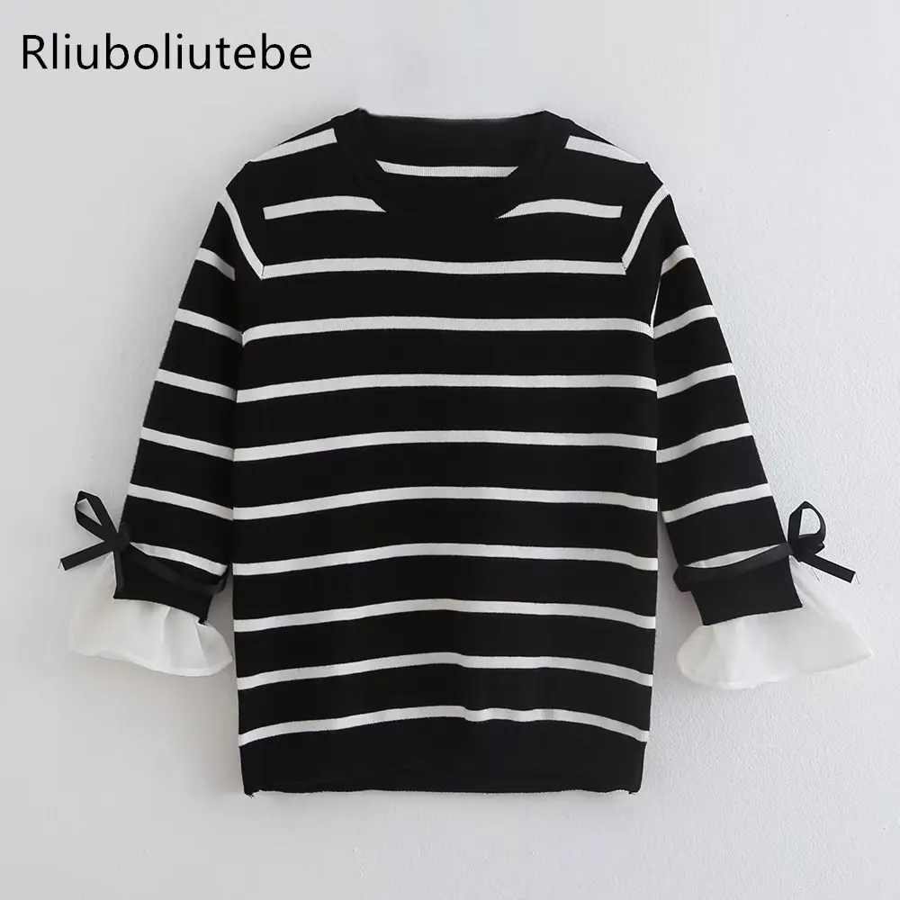 

autumn new striped knitted Blouse o neck flare sleeve casual basic elastic knit blouse womens tops and blouses fashion