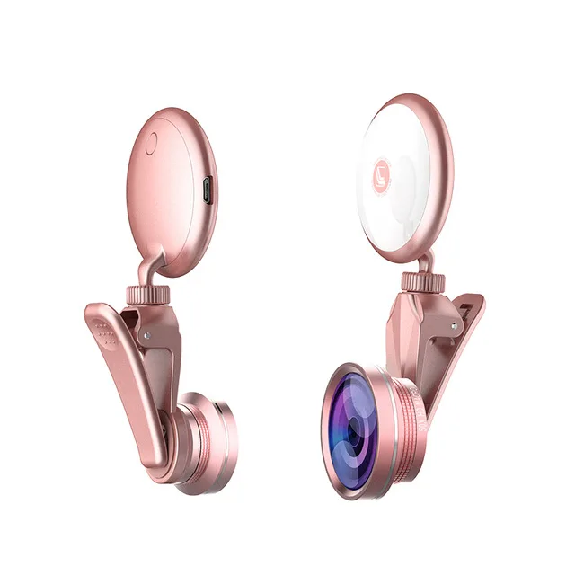2 в 1 селфи лампа светодиодный светильник и телефон камера рыбий глаз 4 к объектив для Xiaomi Mi 8 IPhone ноутбуки рыбий глаз широкоугольный макрообъектив - Цвет: Rose Gold
