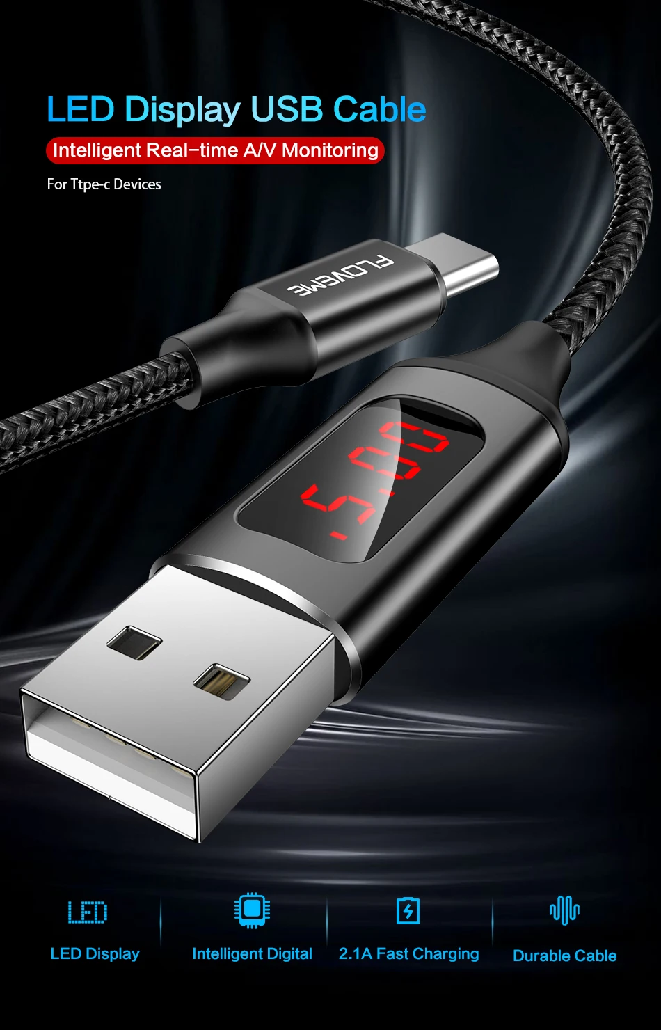 Светодиодный кабель FLOVEME с цифровым разъемом Micro USB type-C, зарядное устройство V/A, кабель для зарядки и передачи данных в оплетке для samsung Xiaomi USB-C