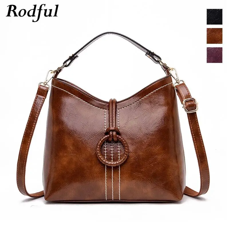 

Rodful New vintage messenger bag women's oil leather bucket bag female handbags ladies retro crossbody shoulder bag women's 2019