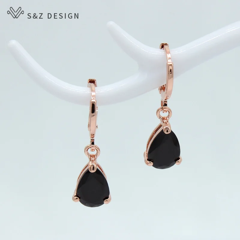 S&Z New 8 Color Zircon 585 Rose Gold Color Water Drop Earrings Korean For Women Fashion Jewelry - Окраска металла: Black