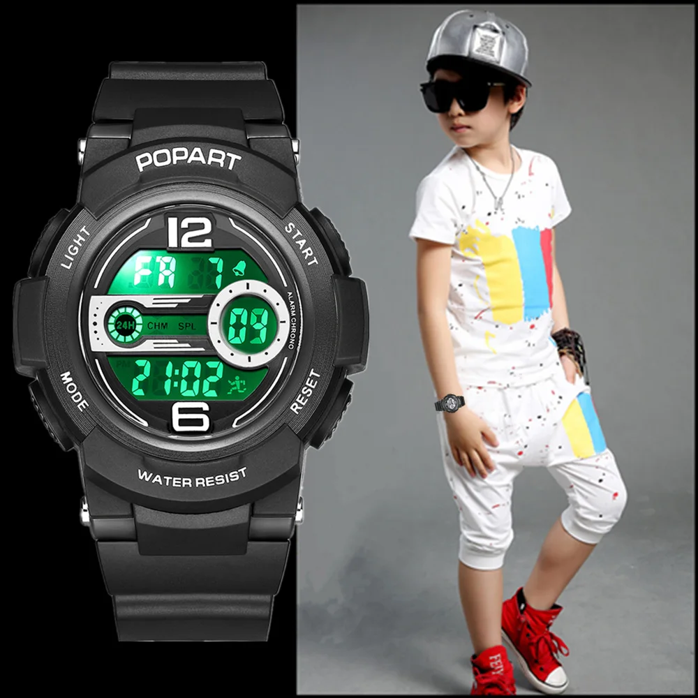 

POPART Children's Watches Sport LED Display Digital Kids Watch Back Light 50m Waterproof Black Children Watches For Boys Girls