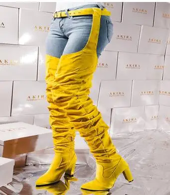 Женские сапоги выше колена из искусственной кожи с острым носком; женские пикантные сапоги на высоком квадратном каблуке; женские сапоги с ремешком и пряжкой - Цвет: Цвет: желтый