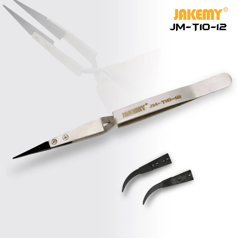 Jakemy JM-T10-12 Stainless Steel Precision Anti-static ESD Tweezers with Curved & Straight Plastic Tip for Phone Repair BGA Work