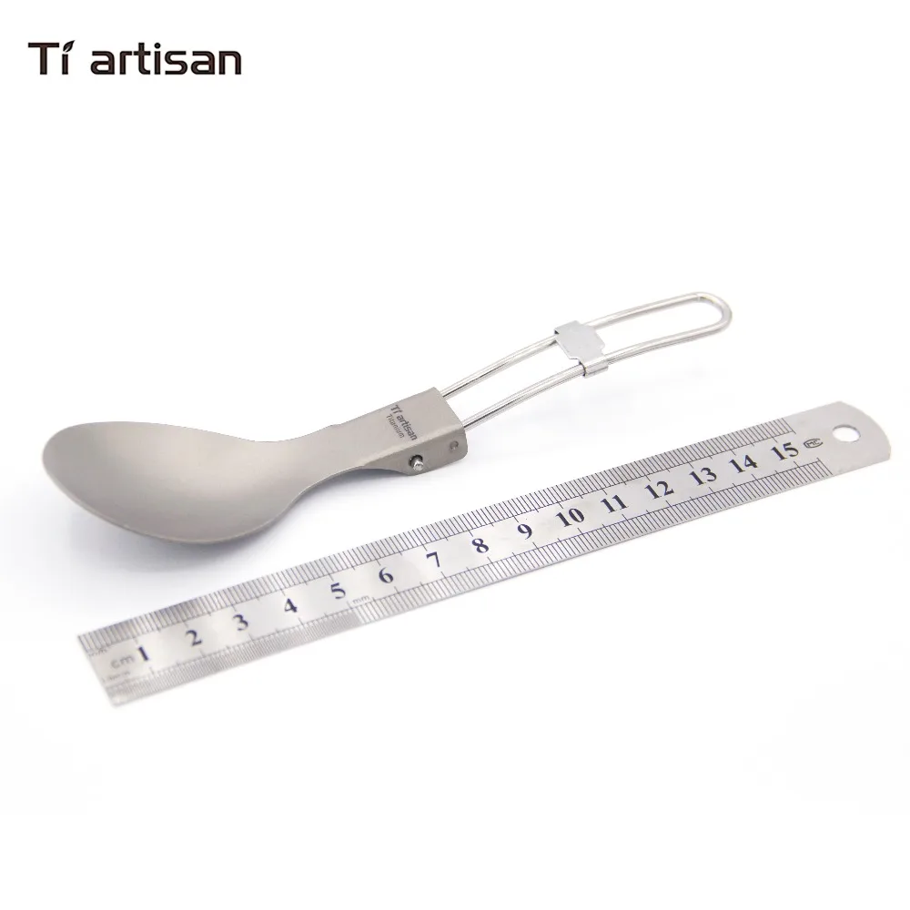 Tiartisan Titanium Folded handle Spoon Camping Cutlery Portable Picnic Tableware with 304 Stainless steel handle Spork Knife