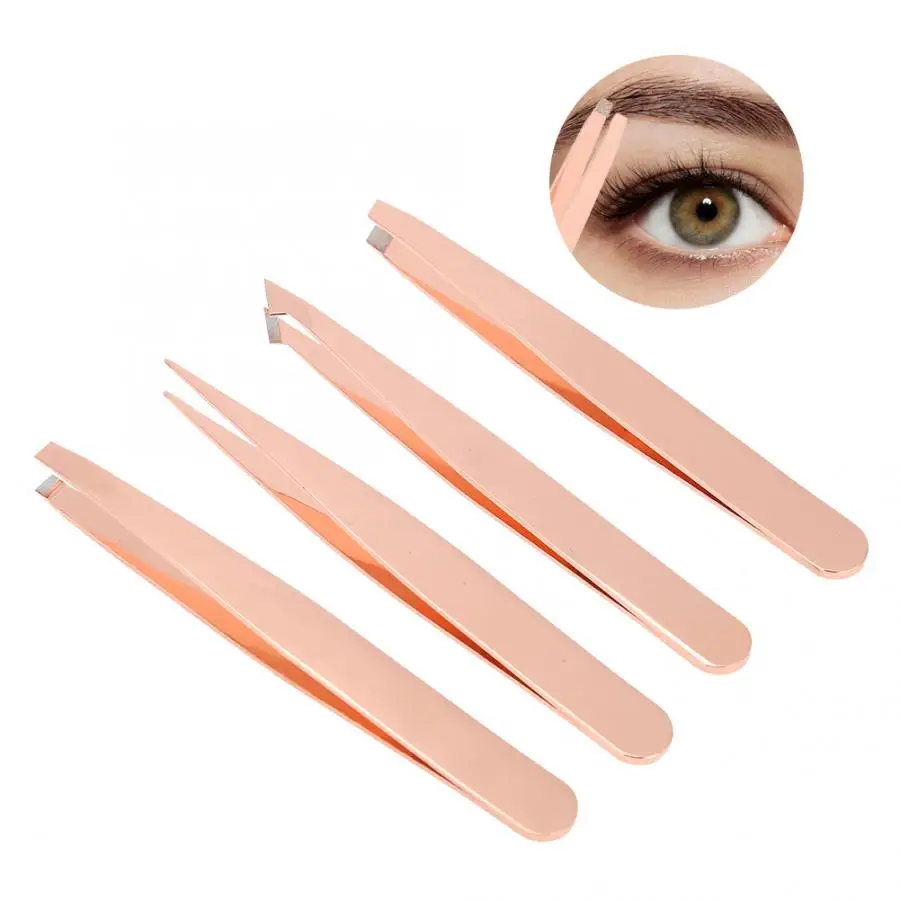 

Professional Rose Gold Stainless Steel Slant Tip Tweezer Eyebrow Hair Remover Makeup Tool 4pcs