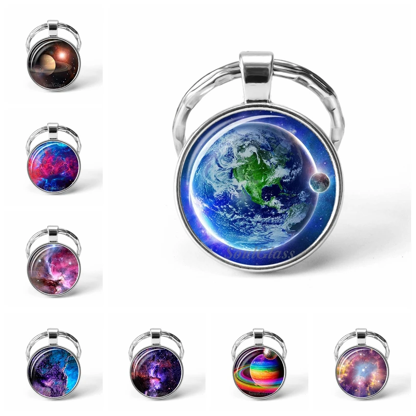 

2019 Galaxy Star Blue Earth Time Gem Mars Metal Key Chains Jewelry Universe Space Nebula Planet Pendant Keychain Gifts for Men