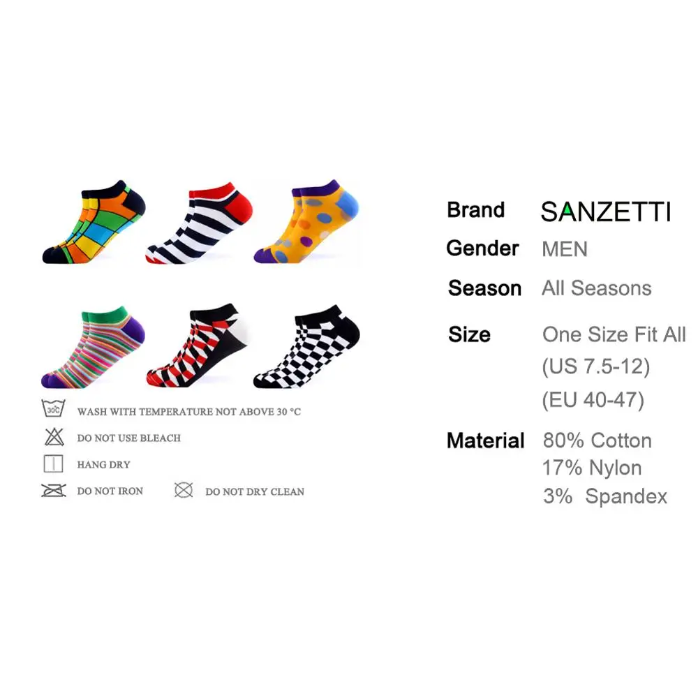 Мужские летние носки SANZETTI 6 пар/лот повседневные хлопковые с разноцветными