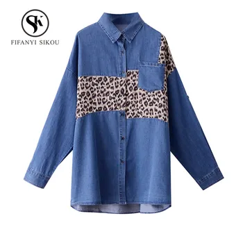 

2019 Spring Womens tops and blouses Fashion Leopard Spliced Denim Shirt Women Casual Loose Long Blouse Long sleeve Jeans Shirts