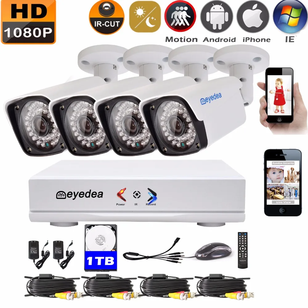 

Eyedea 4 CH DVR Recorder HD 1080P 2.0MP 5500TVL CMOS Bullet Night Vision Outdoor Waterproof Home CCTV Security Camera System 1TB