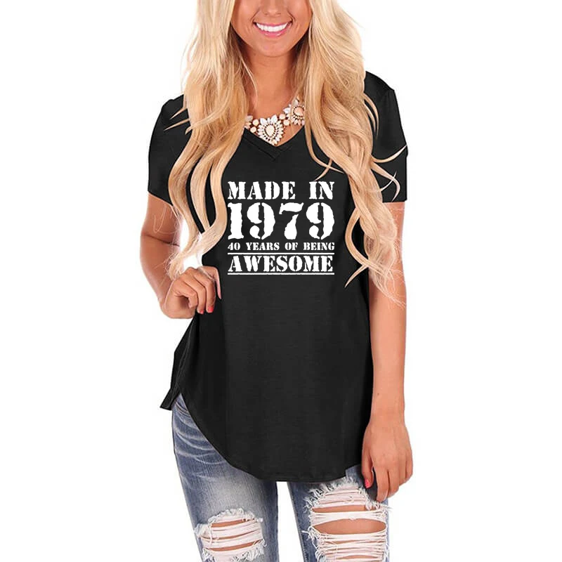 

Made in 1979 40 Years Print Shirt Female Harajuku 40th Birthday Gift V Neck Vintage Loose Swallowtail T-Shirt Women Femme Tops