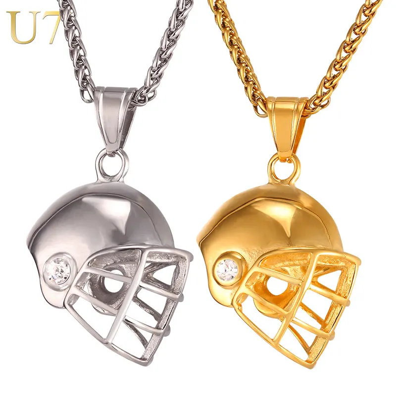 U7 Helmet Necklace Gold Color Stainless Steel Pendant & Chain For Men