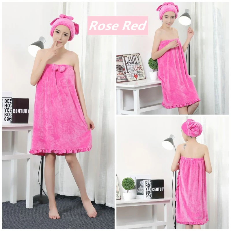 Cute Women Bathrobe With Shower Cap Solid Knee-Length Pajamas Flannel Off Shoulder Dressing Gowns For Women New Sleeveless Robes (13)
