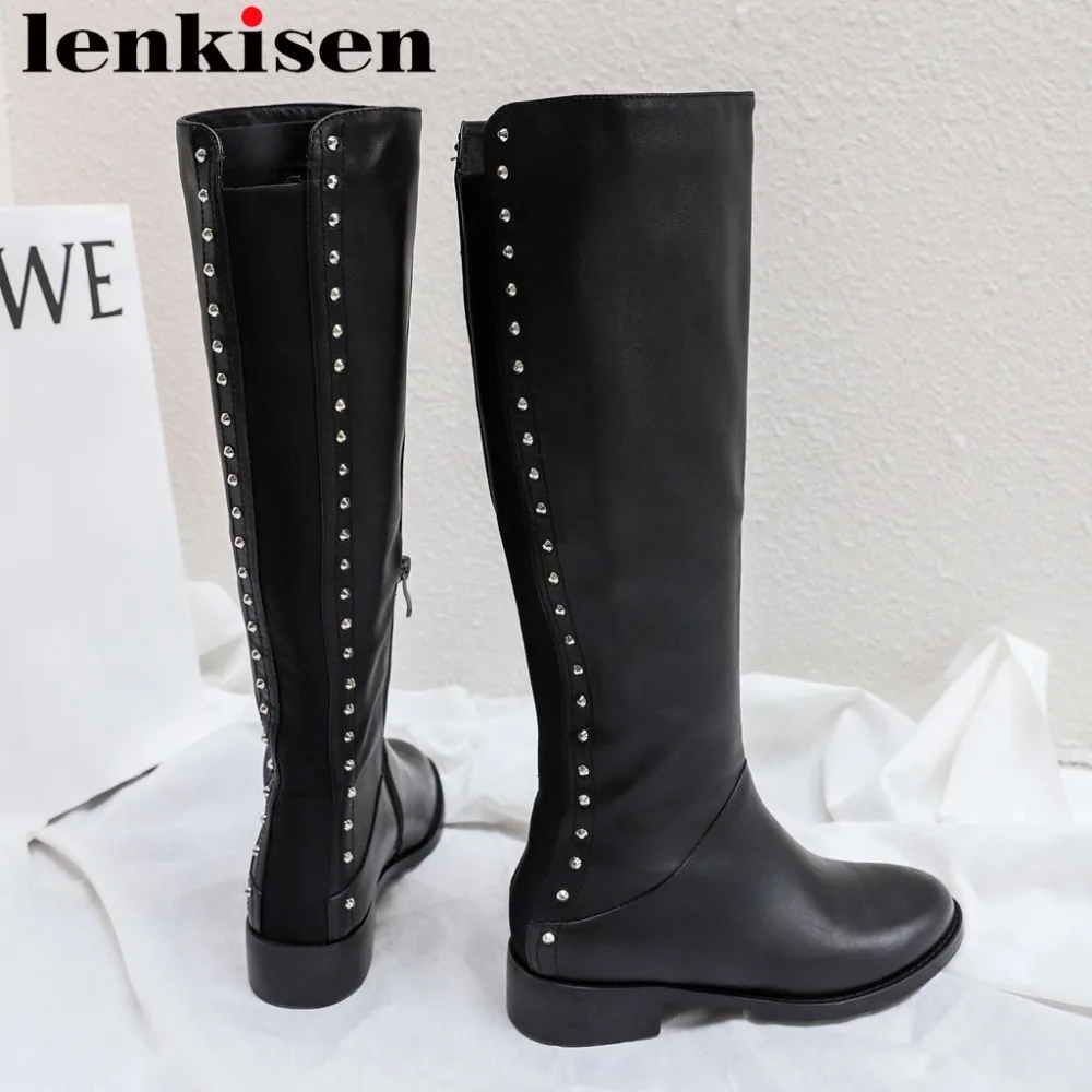 

2019 new arrival natural leather low heels zipper rivets decoration stretch knee-high boots modern girls concise basic boots L68