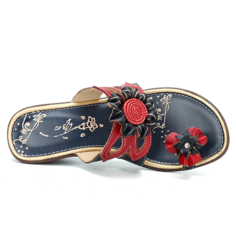 Socofy Flip Flops Slippers Women Shoes Genuine Leather Vintage Flower Ladies Shoes Summer Casual Slippers Beach Flat Slides New