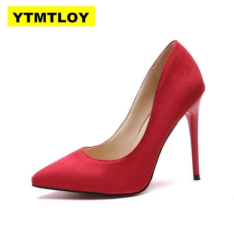 Plus Size 44 Pumps Women Shoes Red Flock Slip-On Shallow Wedding Party Pointed Toe High Heels Pump Chaussures Femme 2019