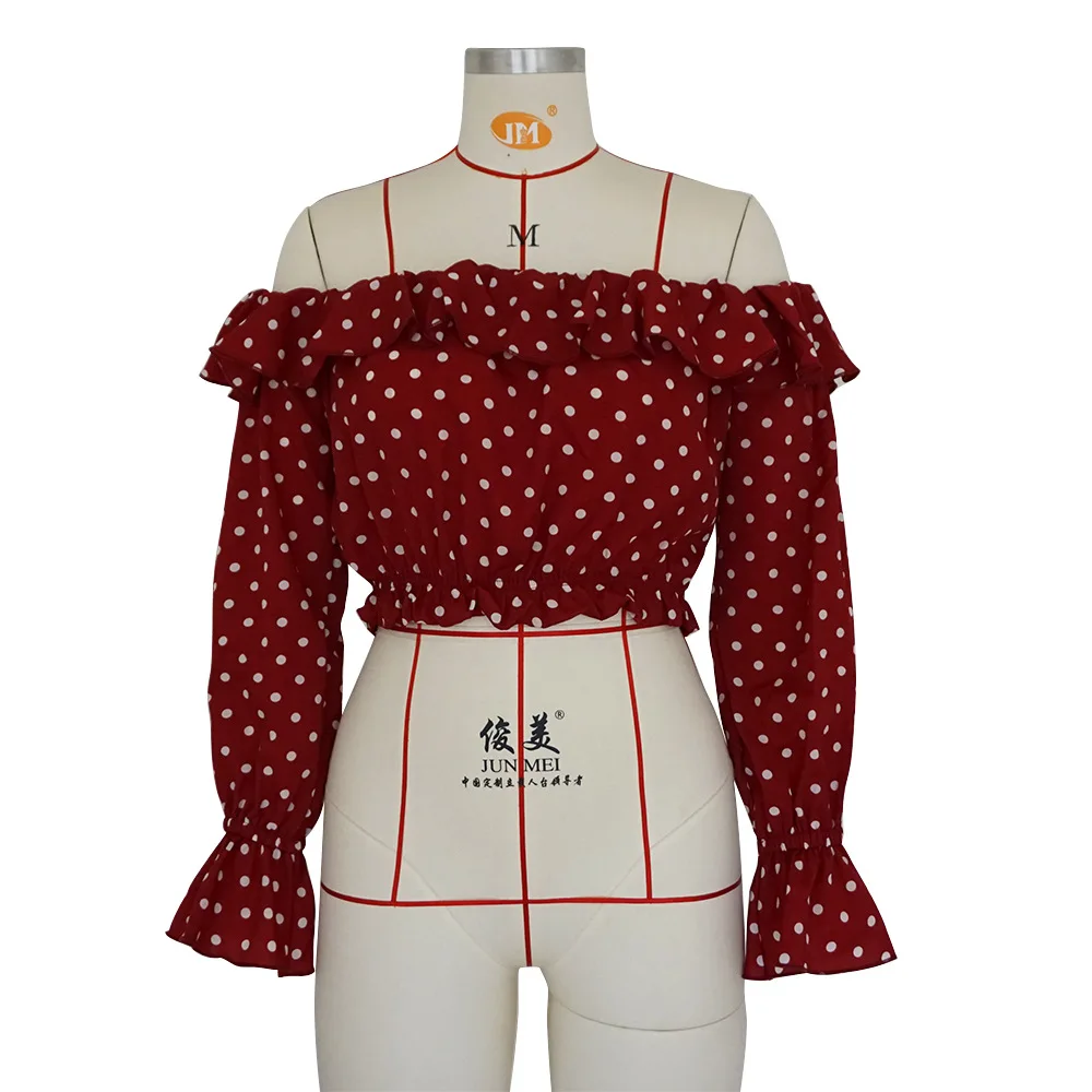 Hugcitar long sleeve slash neck ruffles dots sweet crop tops 2018 summer autumn women new fashion sexy T-shirts Hugcitar long sleeve slash neck ruffles dots sweet crop tops 2018 summer autumn women new fashion sexy T-shirts