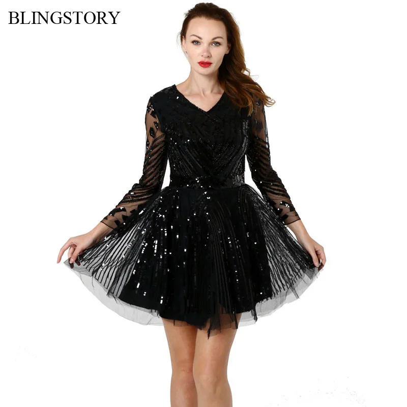 BLINGSTORY New Elegant Black Gauze V-neck Long Sleeve Dresses Banquet Evening Party Mini Dress Women