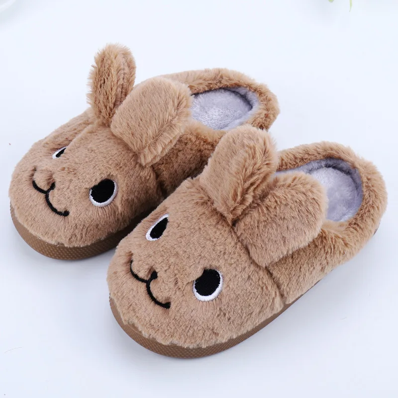Детские хлопковые тапочки для девочек; домашняя обувь; зимние детские теплые Нескользящие домашние тапочки для мальчиков; утолщенная бархатная обувь с кроликом - Цвет: khaki