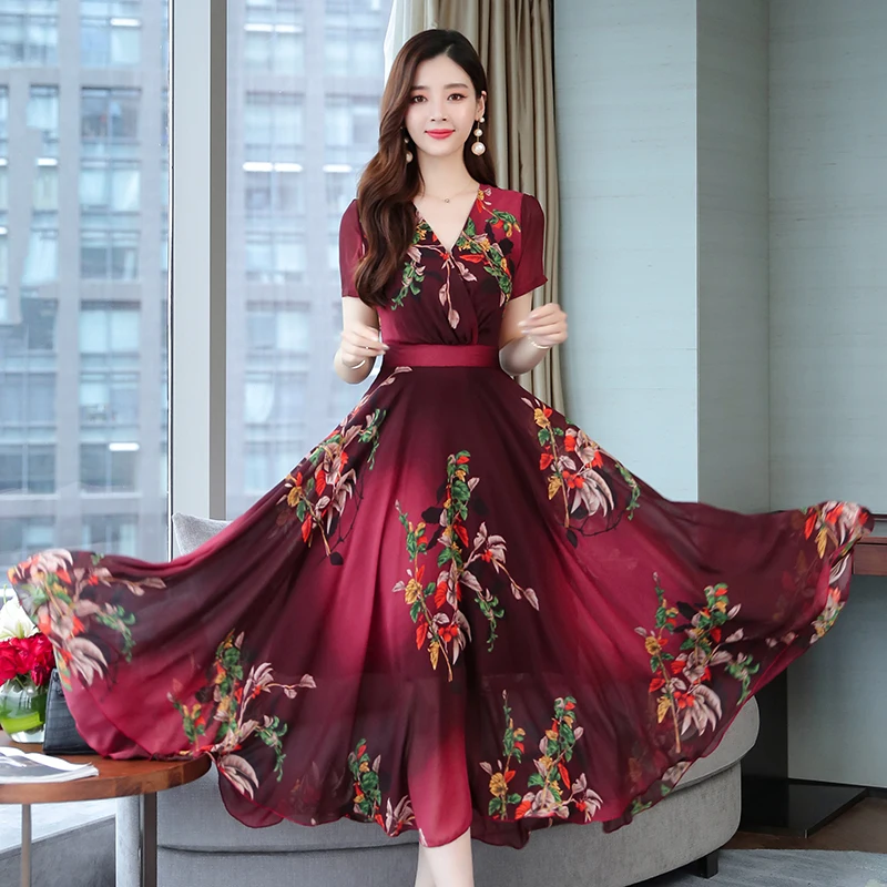 

2019 Summer New Arrival Plus Size M-3XL V Collar Short Sleeve Woman Chiffon Long Dress Bohemian Beach Style