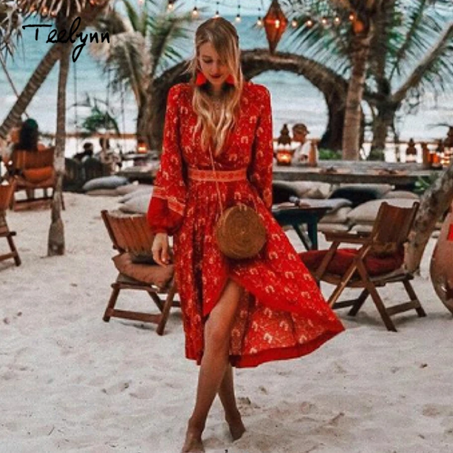 

TEELYNN red boho dress 2018 vintage rayon Floral print long dresses Irregular hem long sleeve dress women dress Hippie vestidos