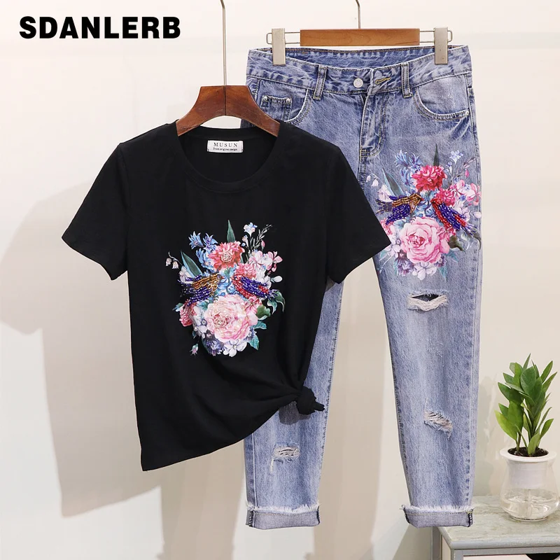 

Spring Summer Fashion Flower Bird Cotton T Shirt Sets Women's Two Piece Set Short Sleeve T-shirt + Broken Nine-point Jeans Suit