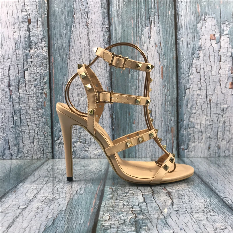 Kmeioo Fashion Ladies Shoes Rivets Studded Sandals Gladiator Buckle Strap Woman Thin Heel 12CM Hollow Out Stilettos | Обувь