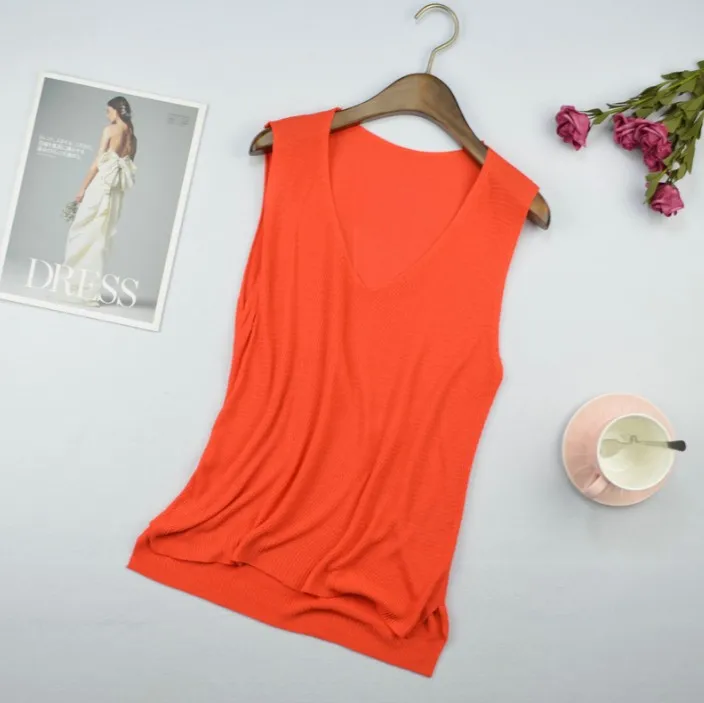 Оранжевый La MaxPa Women Linen Cotton Knitted Loose Tank Tops Vest Camisole V Neck Sleeveless Shirt V-Neck Solid Color Vest k1922 - Цвет: Оранжевый