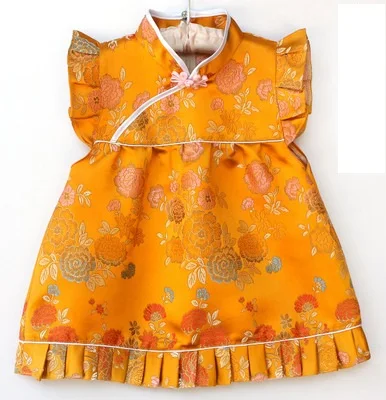 Новые летние детские комплекты Ципао с цветочным принтом, новогодние китайские платья для маленьких девочек, короткие штаны, костюмы чонсам - Цвет: GOLD