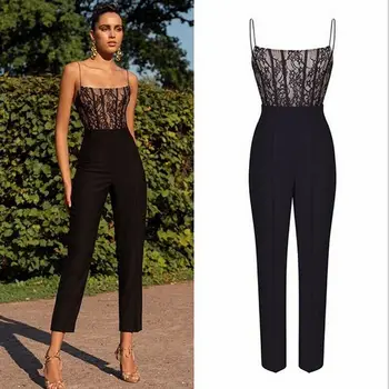 

Vintage OL Spaghetti Strap Womens Sexy Lace Patchwork Jumpsuit Ladies Evening Party Long Playsuit