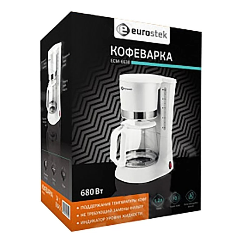 Кофеварка Eurostek ECM-6630(Мощность 680 Вт, емкость 1,2 л, капельная, индикатор уровня воды, крышка из жаропрочного стекла с отверстием для выхода пара, система подогрева