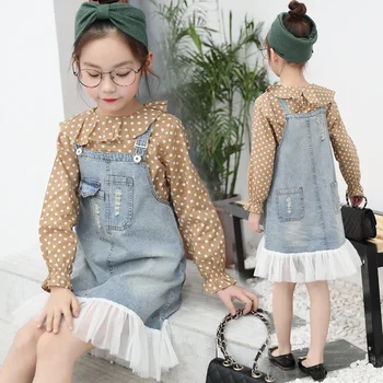 

Girls Clothes Sets 2020 New Cotton Spring Casual Dot Shirts Blouses + Denim Dress 2 Pcs Girls Suits Children Clothing Sets 10 12