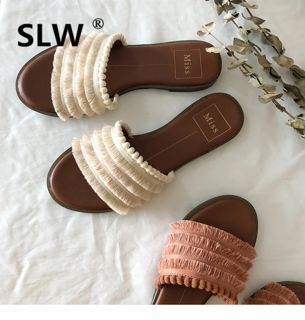 

Woman Shoes Luxury Slippers Women Summer Slides Fringe Designer Sliders Flat Soft 2019 Basic Fabric Elegant Concise PU