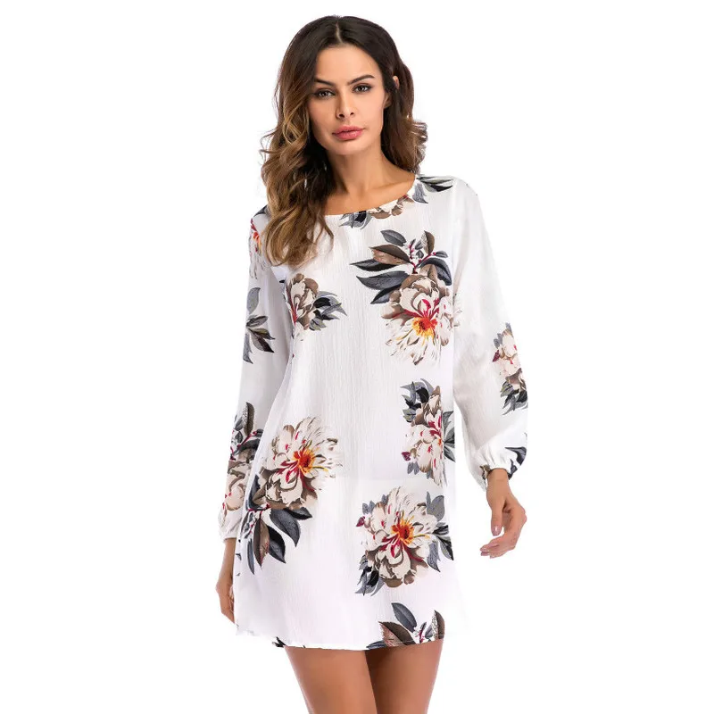 

Boho Summer Elegant Flower Dress Moda Mujer Printing Vestido Floral O-Neck Long Sleeve Back Bow Tie Elbise Thin Chiffon Vestido