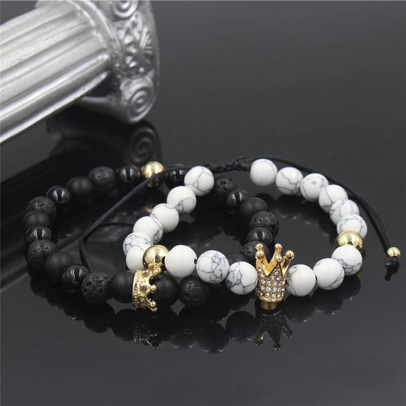

Braiding Macrame CZ Crown Charm Couple Bracelets Sets for Lovers 8m Natural Stone Beaded Bracelet Set Valentine's Day Gift