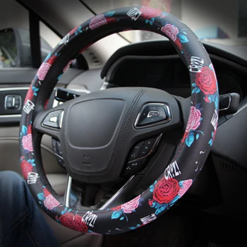 

Vintage Red Rose Car Steering Wheel Cover PU Leather Flower Steering Covers Girls Women Wheel Protector Cases Universal 38CM