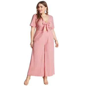 

PEONFLY Plus Size Pink Green Jumpsuits Women Lace Up Bow Wide Leg Pants Rompers Female Summer Loose Casual Playsuits