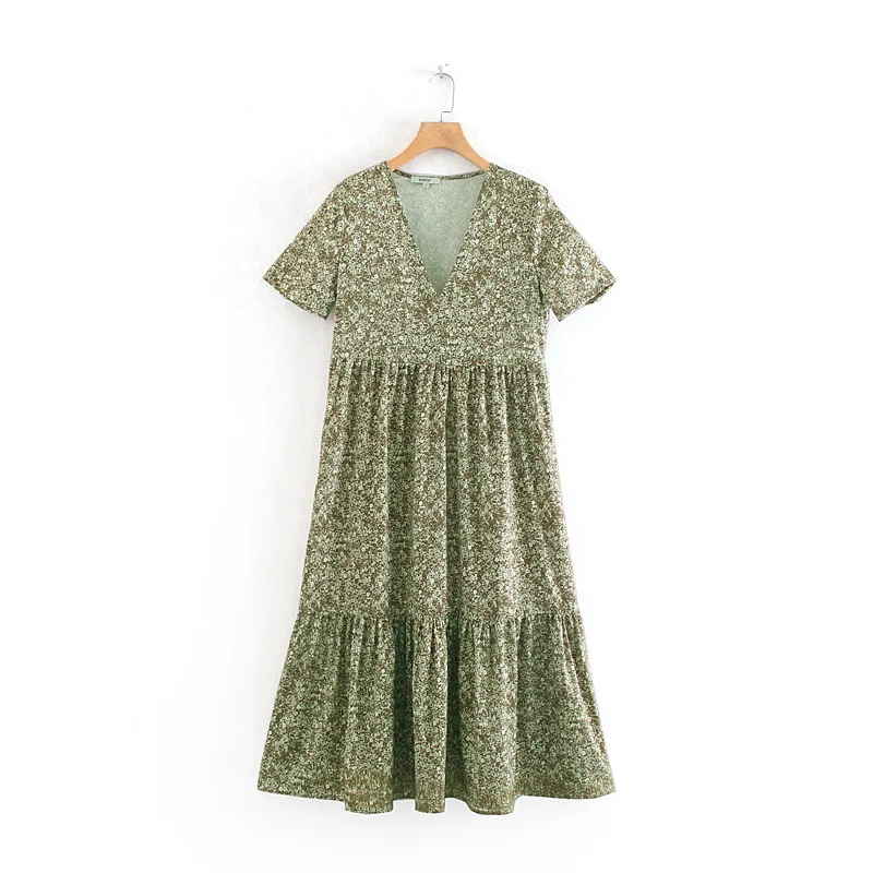 

QZ895 Euro Design V Neck Tiny Floral Print Short Sleeve Big Sweep Summer Dress Women Army Green Color Holiday Dresses