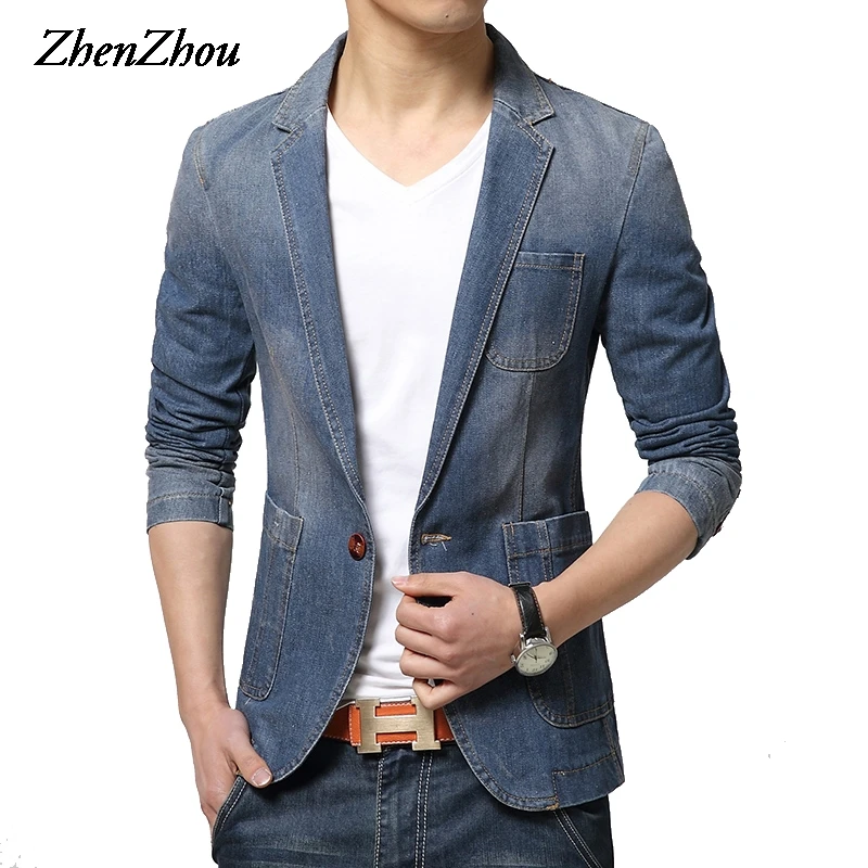 ZhenZhou, зимний мужской блейзер с одной пуговицей, брендовый Джинсовый блейзер, мужской M-XXL, 3XL, Jaqueta Masculina, приталенный Блейзер, мужской костюм