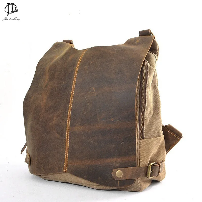 

2019 Genuine Leather Canvas Joint Bag Men Retro Military Style Washed Color Teenager Youth Dailypack Laptop Rucksack Travel Bag