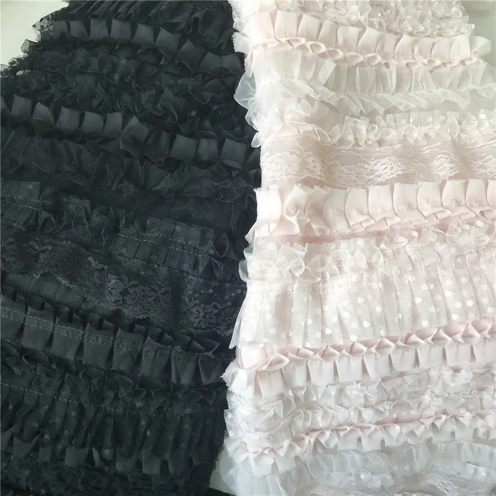 Layered 3D Ruffle Mesh Lace Fabric With Polka Dot Print Gowns Pleated Bridal Pink Black 1 Yard|Кружево| |